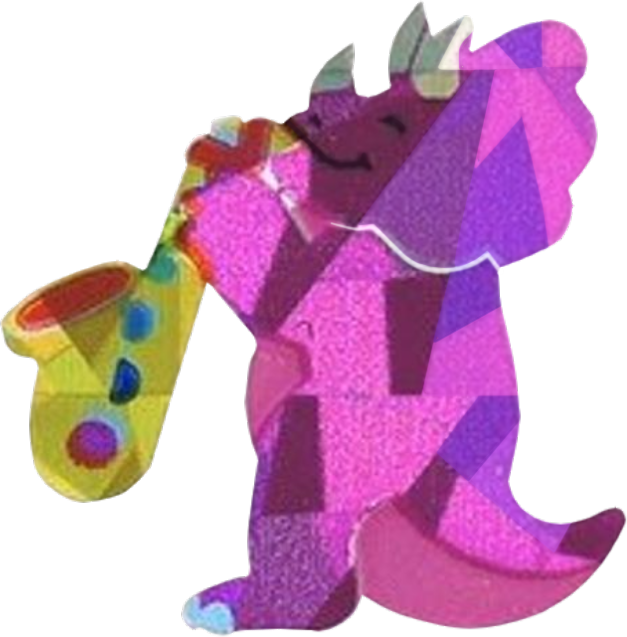 A picture of a purple triceratops playing a saxophone